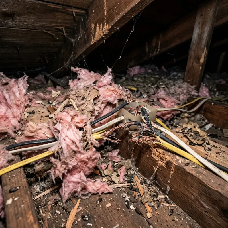 Contaminated ceiling insulation being assessed in a Bakery Hill roof space
