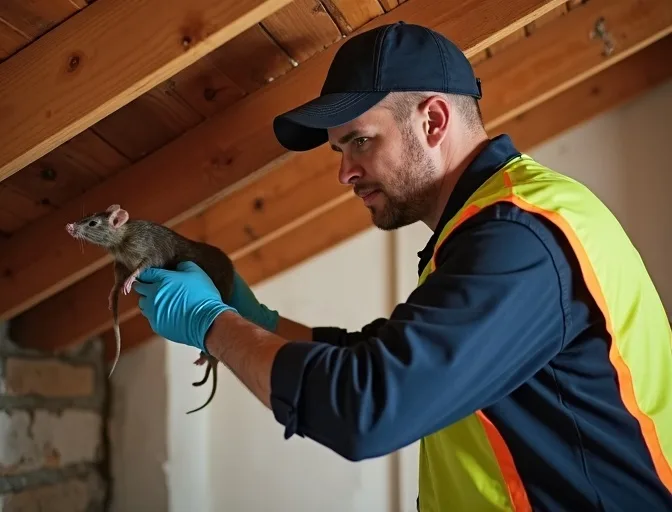 Technician inspecting a roof cavity for a dead rat in Bakery Hill